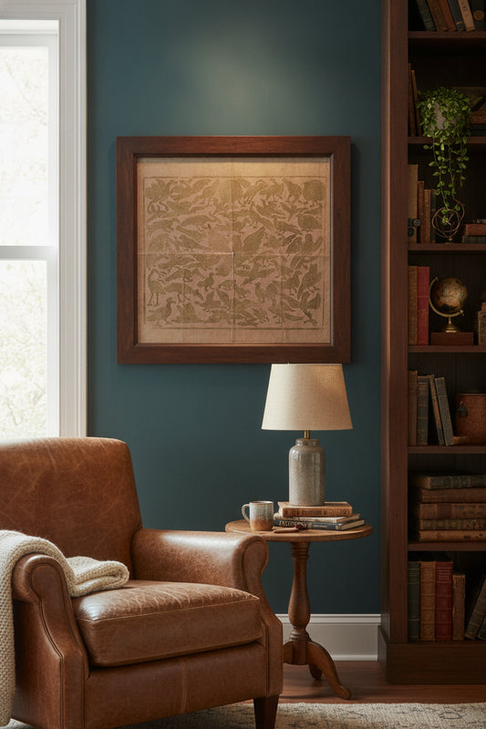 Endpaper with Birds — framed art in a styled interior
