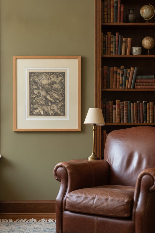 Ornament with Eagle and Two Genii — framed art in a styled interior