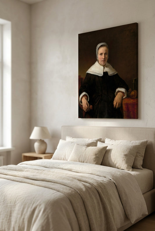 A Woman Holding a Pink — framed art in a styled interior