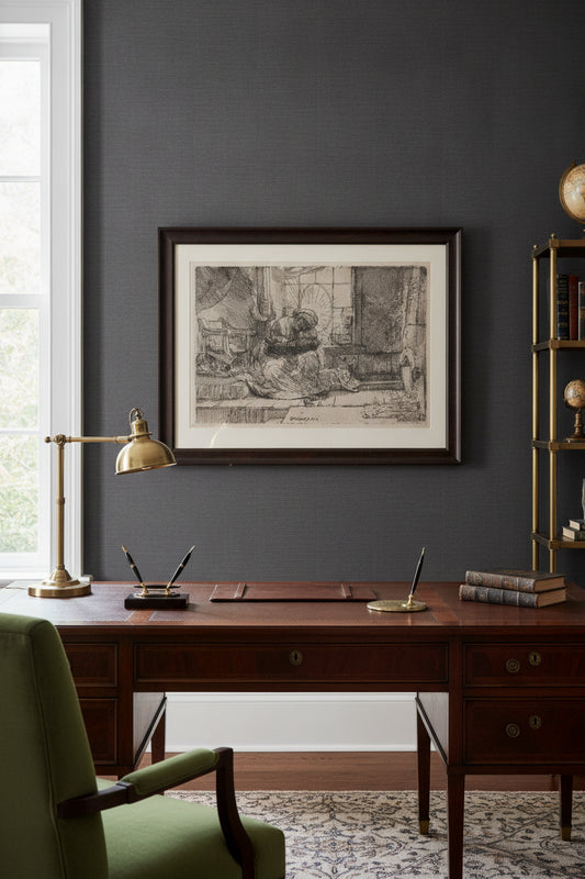 The Virgin and Child with the Cat and Snake — framed art in a styled interior