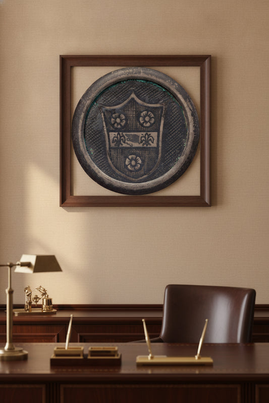 Shield with Three Roses and Two Lilies — framed art in a styled interior