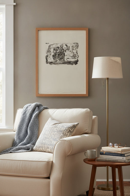 Le petit pot de fleurs (Small Pot of Flowers) — framed art in a styled interior