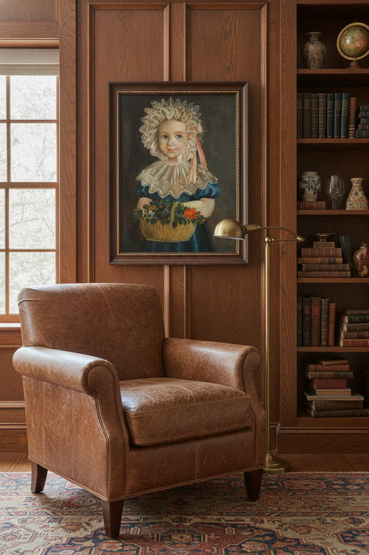 Little Girl with Flower Basket — framed art in a styled interior
