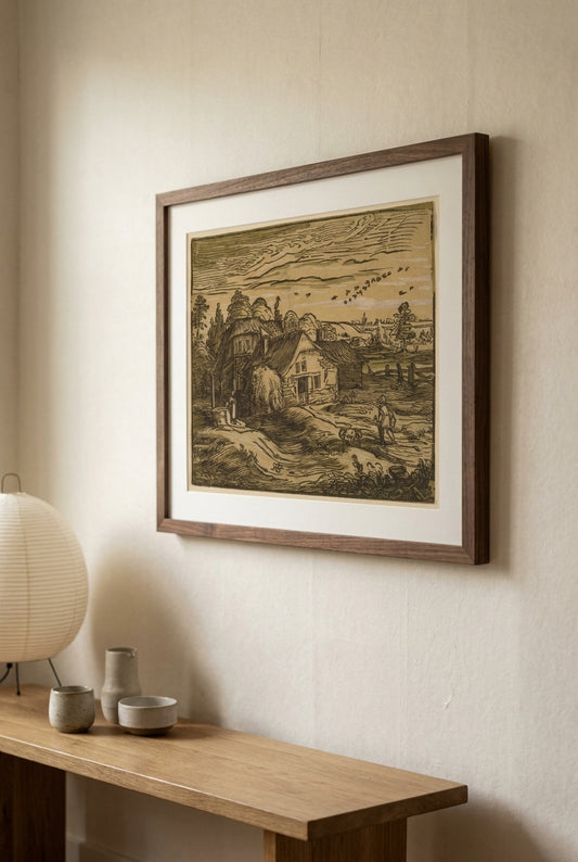 Landscape with a Farmhouse — framed art in a styled interior