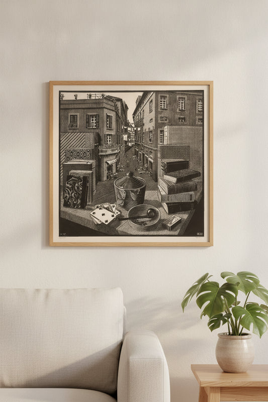 Still Life and Street — framed art in a styled interior