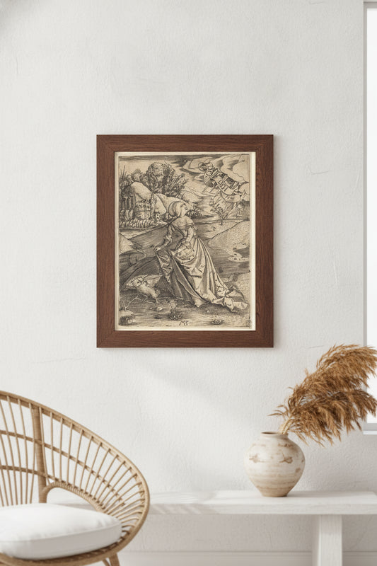 Woman with the Owl — framed art in a styled interior