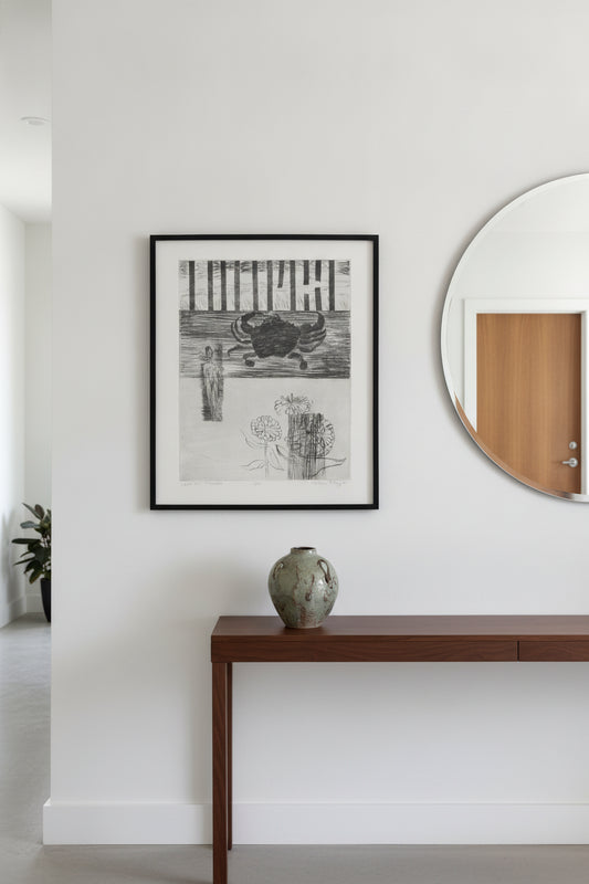 Crab and Flowers — framed art in a styled interior