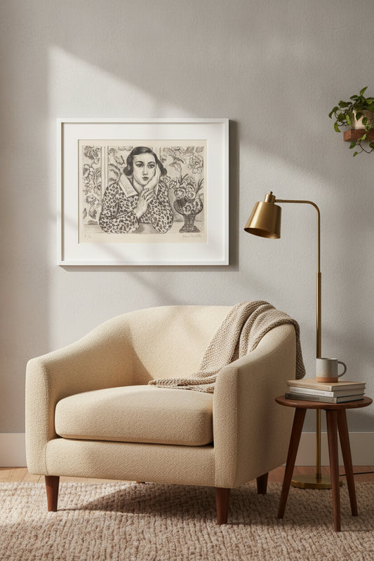 Young Girl Leaning against a Flowered Screen (Jeune fille accoudée au paravent fleuri) — framed art in a styled interior