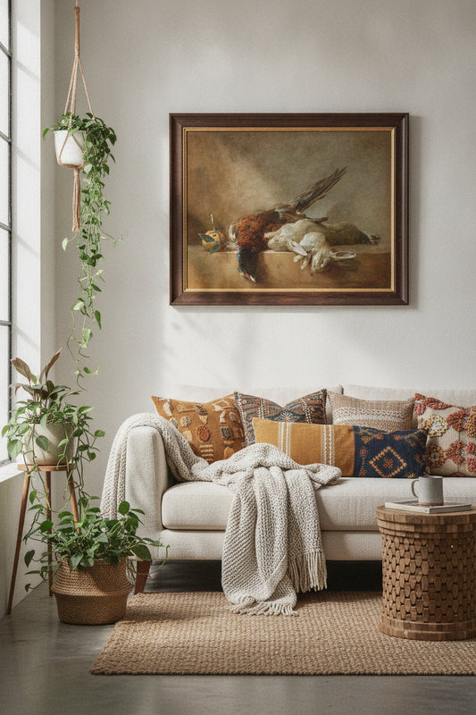 Still Life with Game — framed art in a styled interior