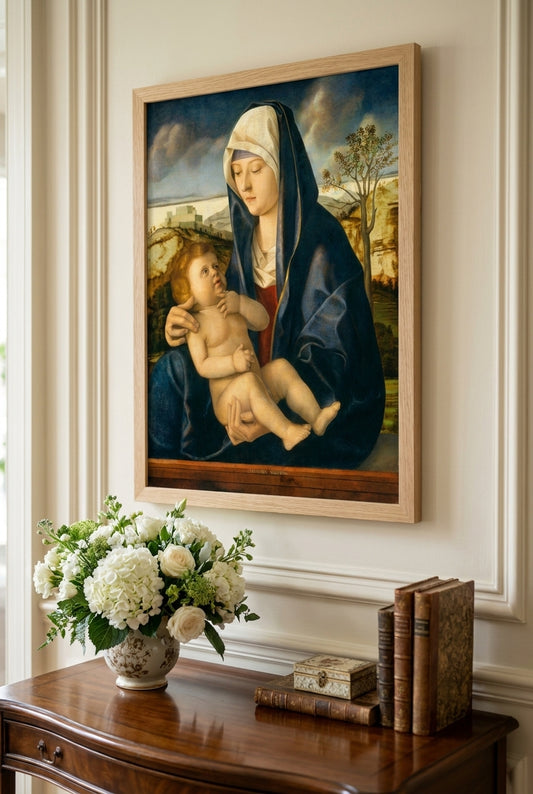 Madonna and Child in a Landscape — framed art in a styled interior