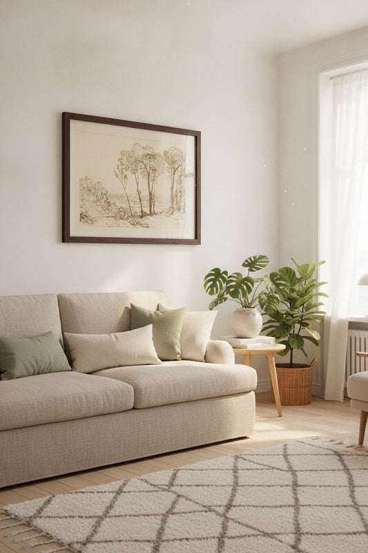 The Bridge in Middle Distance — framed art in a styled interior