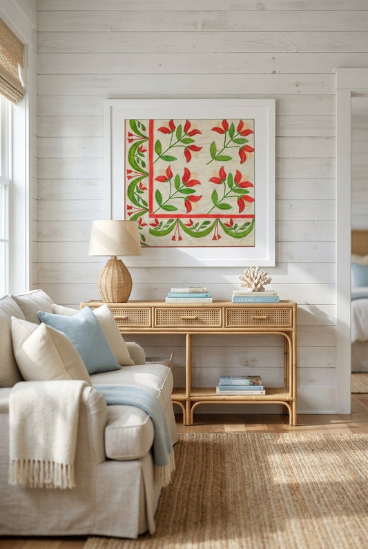 Quilt - Appliqued in Bellflower Design — framed art in a styled interior
