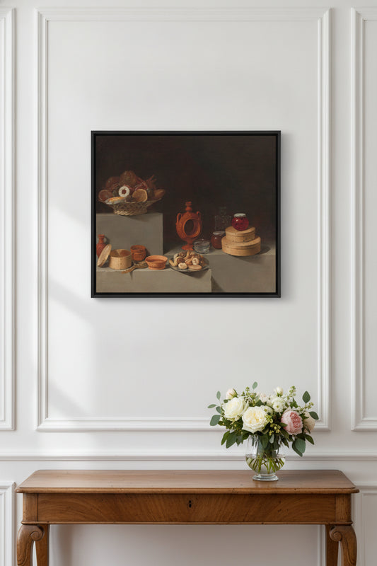 Still Life with Sweets and Pottery — framed art in a styled interior