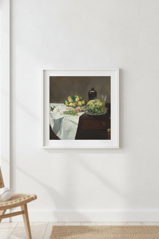 Still Life with Melon and Peaches — framed art in a styled interior