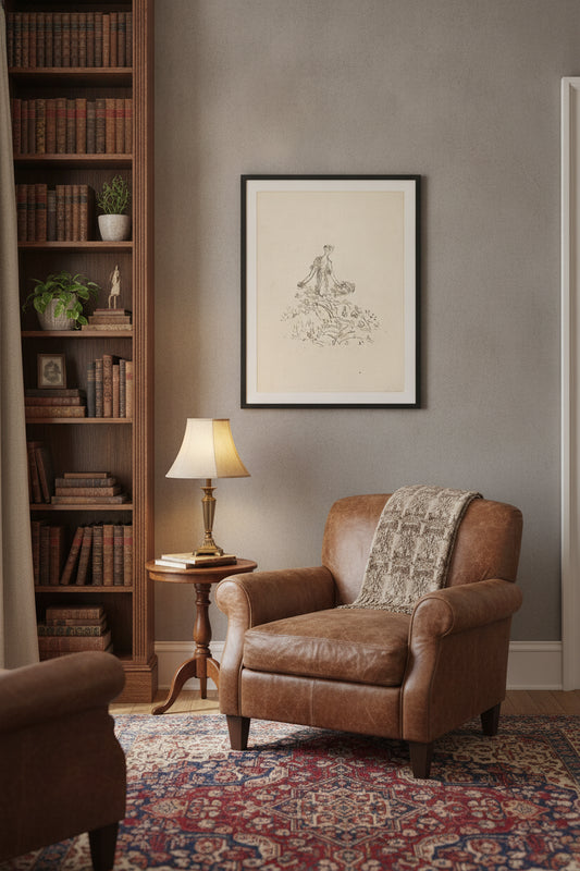 Woman Gathering Flowers — framed art in a styled interior