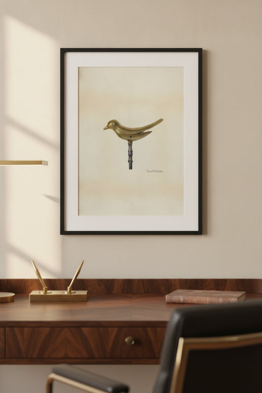 Sewing Bird — framed art in a styled interior