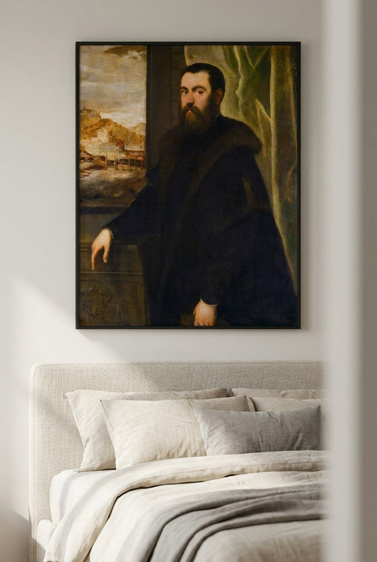 Portrait of a Man with a Landscape View — framed art in a styled interior