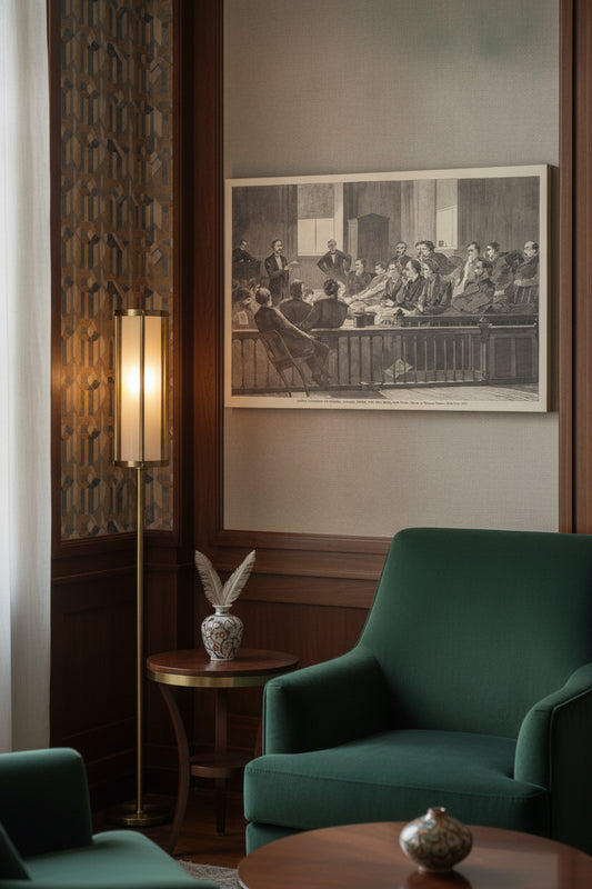 Jurors Listening to Counsel, Supreme Court, New City Hall, New York — framed art in a styled interior