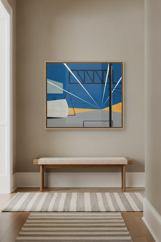 Lights in an Aircraft Plant — framed art in a styled interior