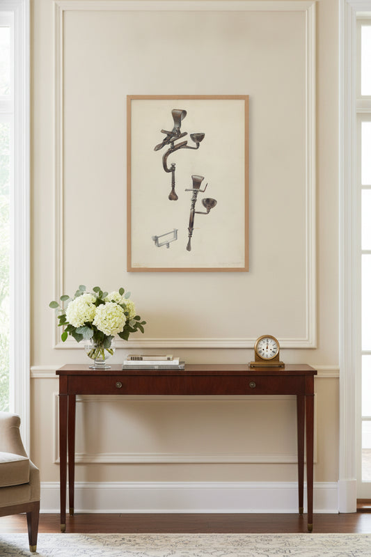 Sewing Bird — framed art in a styled interior