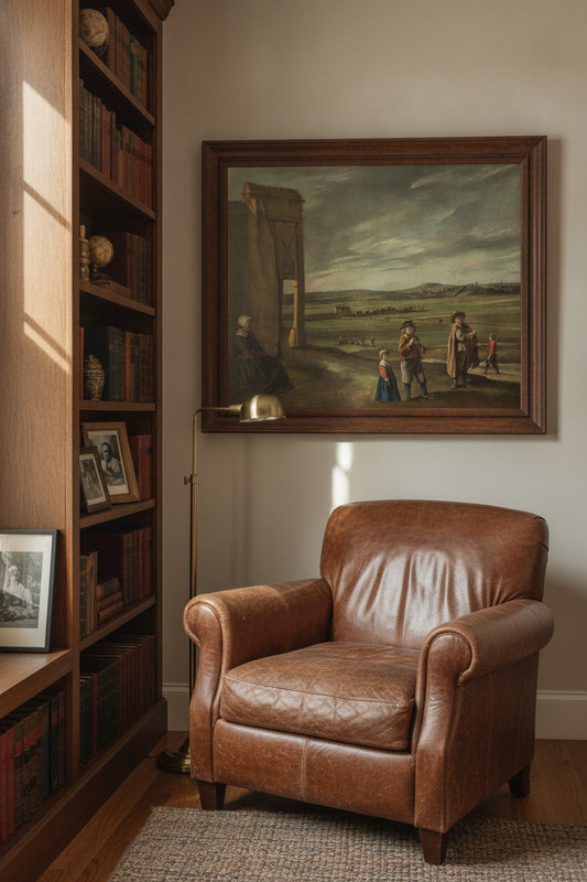 Landscape with Peasants — framed art in a styled interior