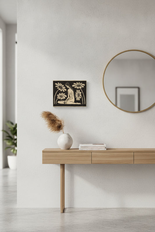 Seated Female Nude with Flowers — framed art in a styled interior