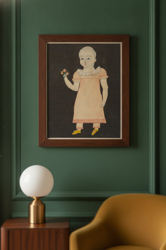 Baby in Pink Dress with Roses — framed art in a styled interior