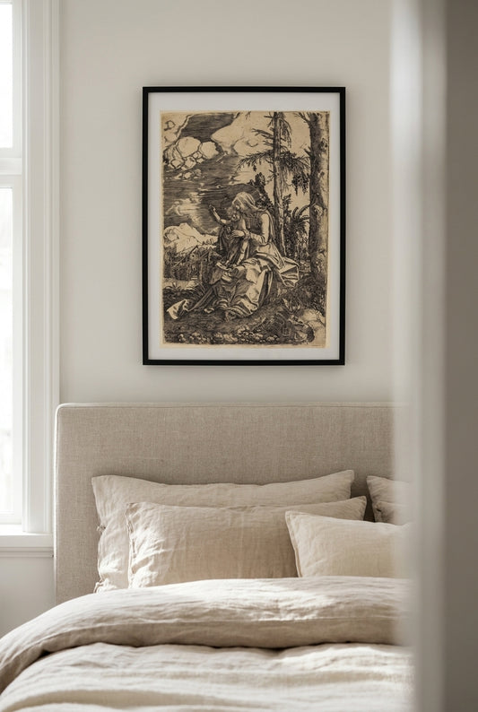 The Virgin with the Blessing Child in a Landscape — framed art in a styled interior