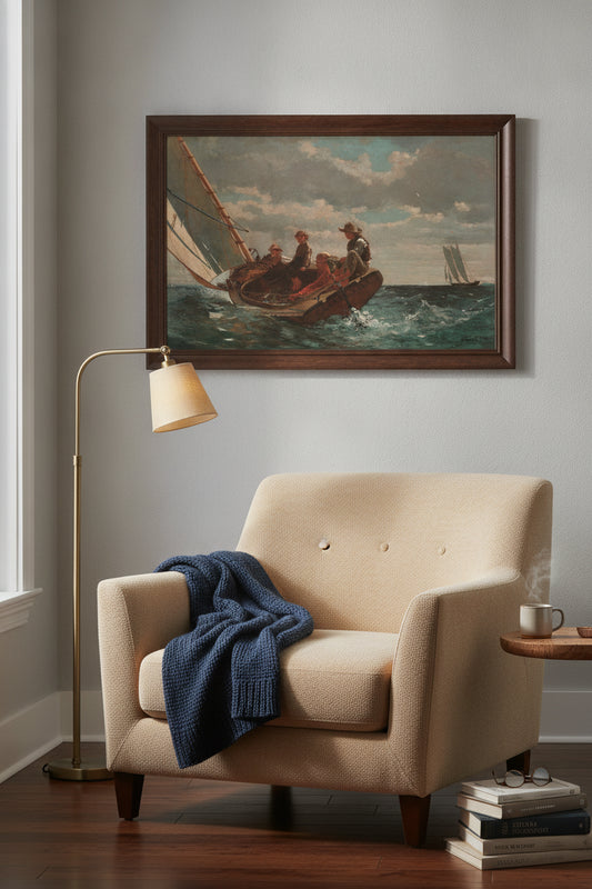 Breezing Up (A Fair Wind) — framed art in a styled interior