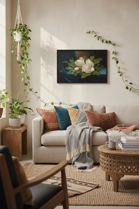 Giant Magnolias on a Blue Velvet Cloth — framed art in a styled interior