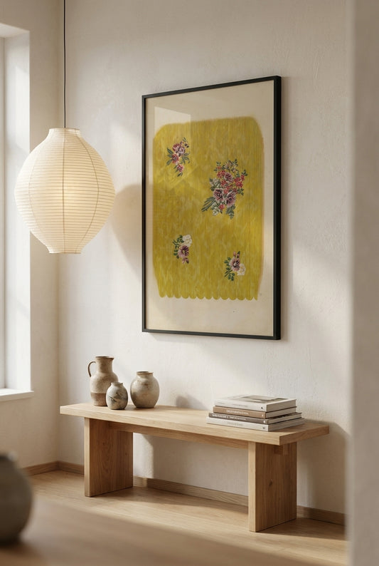 Silk with Embroidered Flowers — framed art in a styled interior