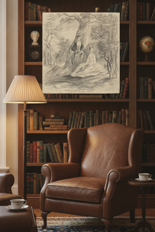 Two Girls in a Landscape — framed art in a styled interior