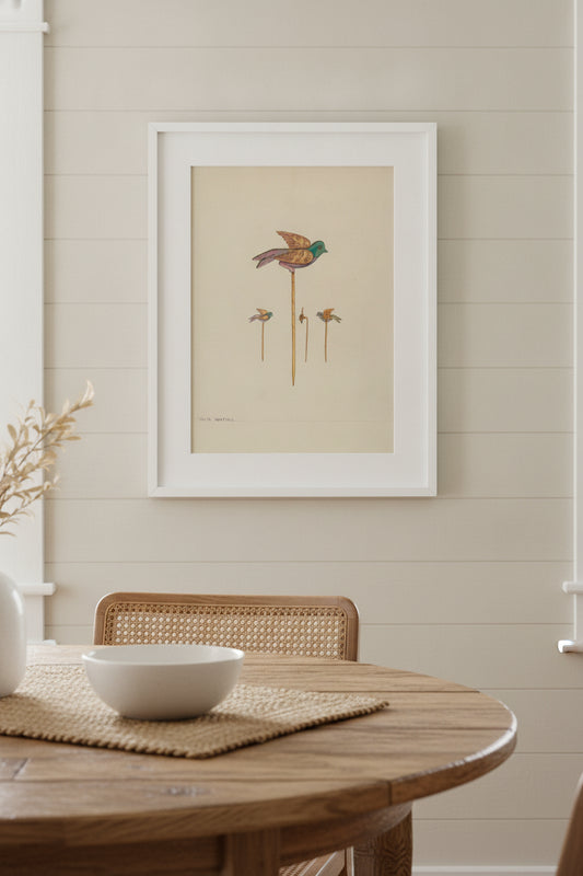 Bird Stick Pin — framed art in a styled interior
