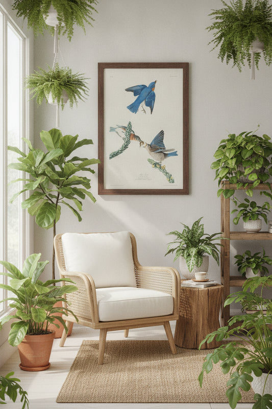 Blue-Bird — framed art in a styled interior