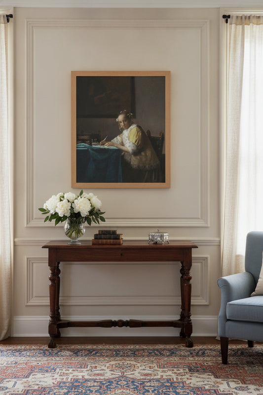 A Lady Writing — framed art in a styled interior