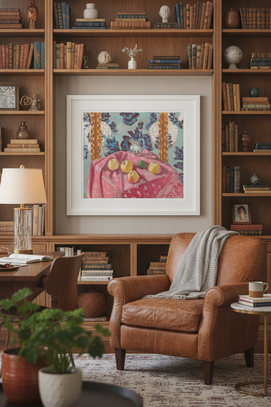Still Life with Apples on a Pink Tablecloth — framed art in a styled interior