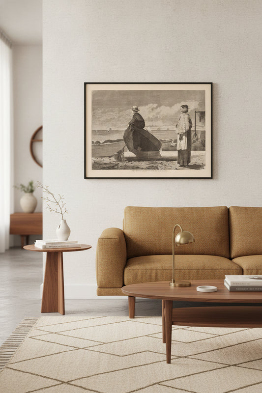 "Dad's Coming!" — framed art in a styled interior