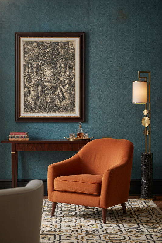 Ornament with Mask, Eagle between Satyrs Below — framed art in a styled interior