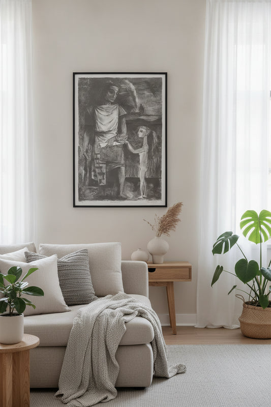 A Child - Offered Us a Quail in a Slipper of Rose Coloured Satin — framed art in a styled interior