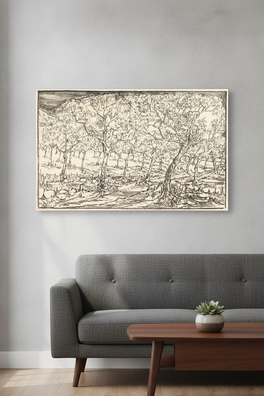 Almond Trees in Blossom — framed art in a styled interior