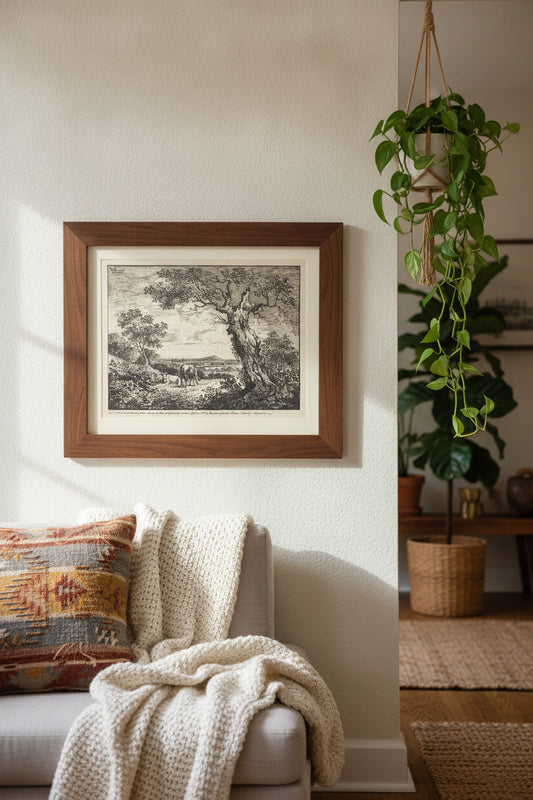 Landscape with Two Cows — framed art in a styled interior
