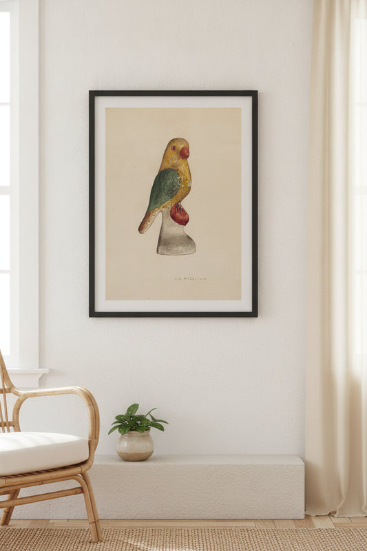 Chalkware Bird — framed art in a styled interior