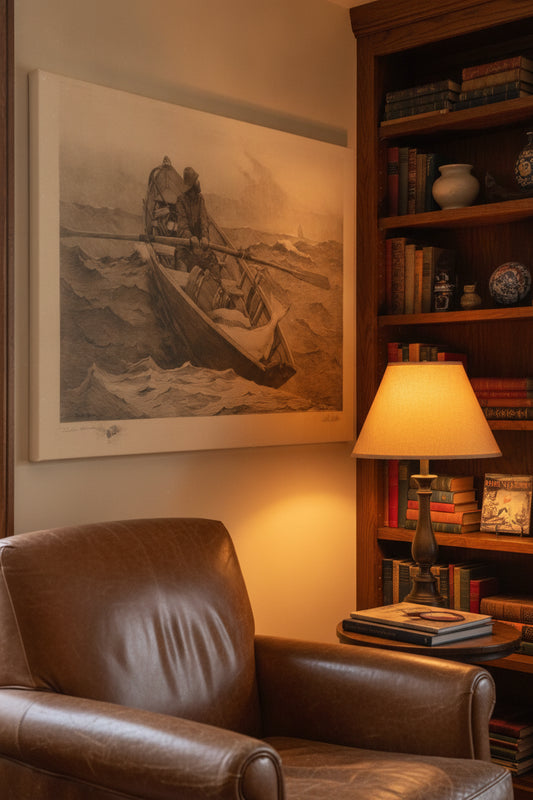 Fog Warning — framed art in a styled interior