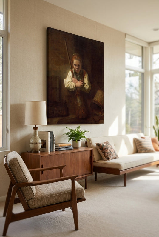 A Girl with a Broom — framed art in a styled interior