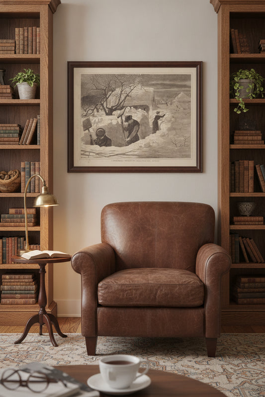 A Winter-Morning, - Shovelling Out — framed art in a styled interior
