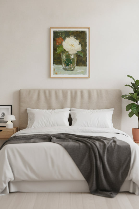 Three Flowers in a Vase — framed art in a styled interior
