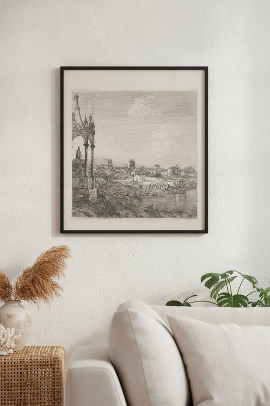 View of a Town with a Bishop's Tomb — framed art in a styled interior