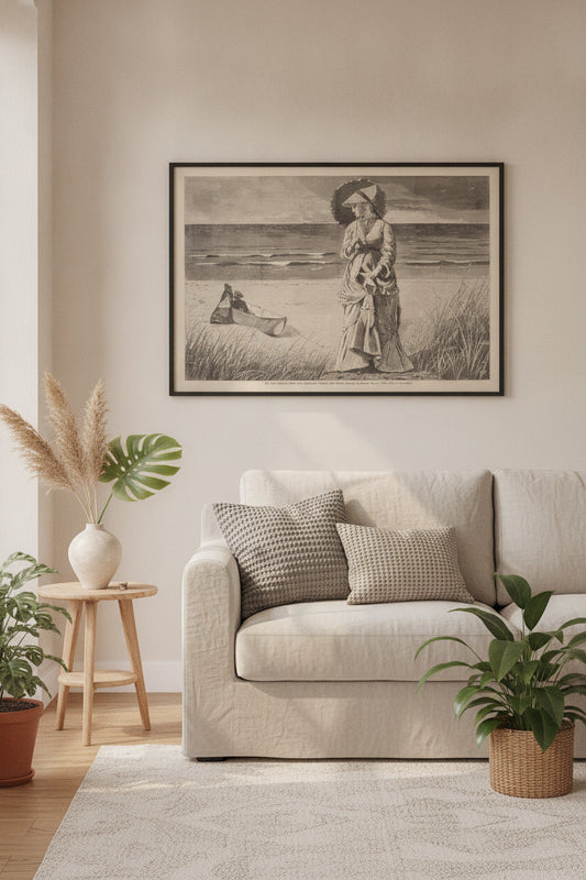 On the Beach - Two are Company, Three are None — framed art in a styled interior