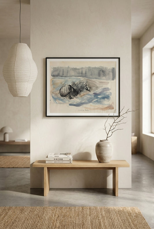 a) La Guerre sous-Marine. L'ecole des Neutres (recto); b) Study of La Guerre sous-Marine. L'ecole des Neutres (verso) — framed art in a styled interior