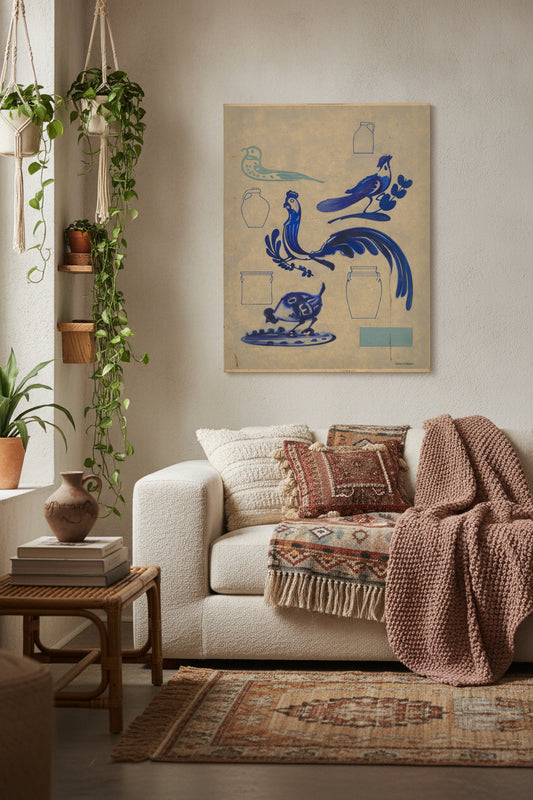 Bird Decorations on Jug — framed art in a styled interior